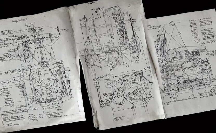Image similar to space ship operation manual, instructions, blueprint, 1 9 8 0 s, ridley scott, worn and old manual, detailed schematics, science fiction