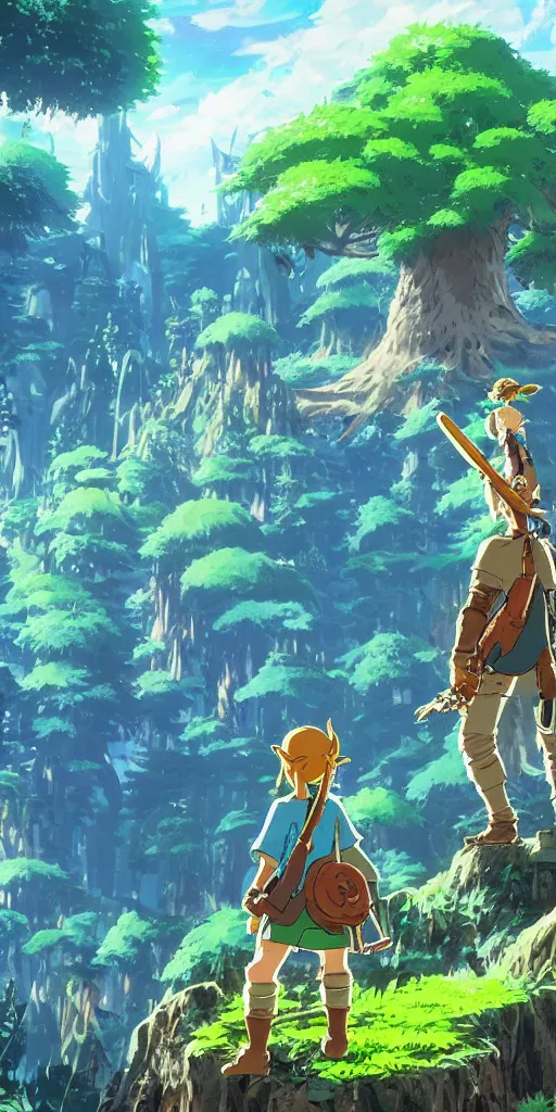 Image similar to epic cannabis tree forest, link and zelda high af smoking blunt, vivid tones, wide angle, by miyazaki, nausicaa, studio ghibli, breath of the wild