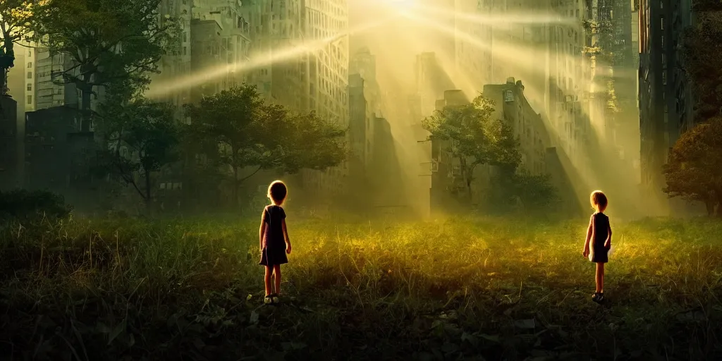 Prompt: textless sci - fi scene future overgrown new york city street, little girl alone in manhattan holding the left hand of giant robot, forest punk, crepuscular rays, epic scene, hyper realistic, photo realistic, overgrowth, cinematic atmosphere, ethereal lighting,