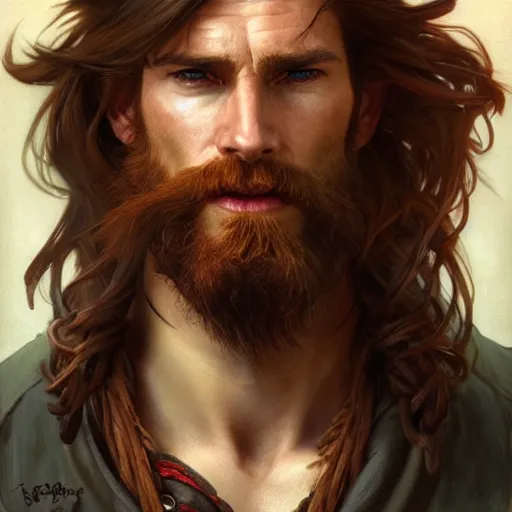 Prompt: portrait of a young ruggedly handsome but joyful pirate, male, masculine, upper body, red hair, long hair, d & d, fantasy, fierce, sharp features, intricate, elegant, highly detailed, digital painting, artstation, concept art, matte, sharp focus, illustration, art by artgerm and greg rutkowski and alphonse mucha