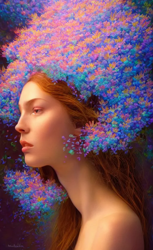 Image similar to a beautiful oil painting hyperrealism of a beautiful woman, close up face, flowers, floral headdress, 8 k resolution, octane render, trending on artstation, by gediminas pranckevicius, volumetric light 2 blue fractal thunder glow by dan mumford, anaglyph effect, laurie lipton