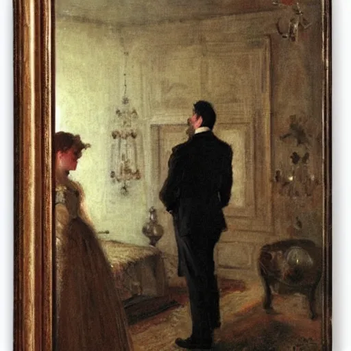 Image similar to gentleman watching in horror as an evil ghost exits a mirror by alfred stevens