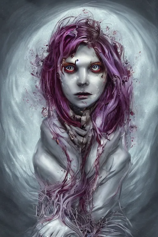 Prompt: A girl with a marble face, flowing silver-violet hair, stands with her arms spread out against the background of a blood-purple cloud in golden light, red streams flow through her body, skulls and bones of hands crawl out of the ground, dark red drops fly around, Anachronism, painting, dark fantasy, steampunk, 4k