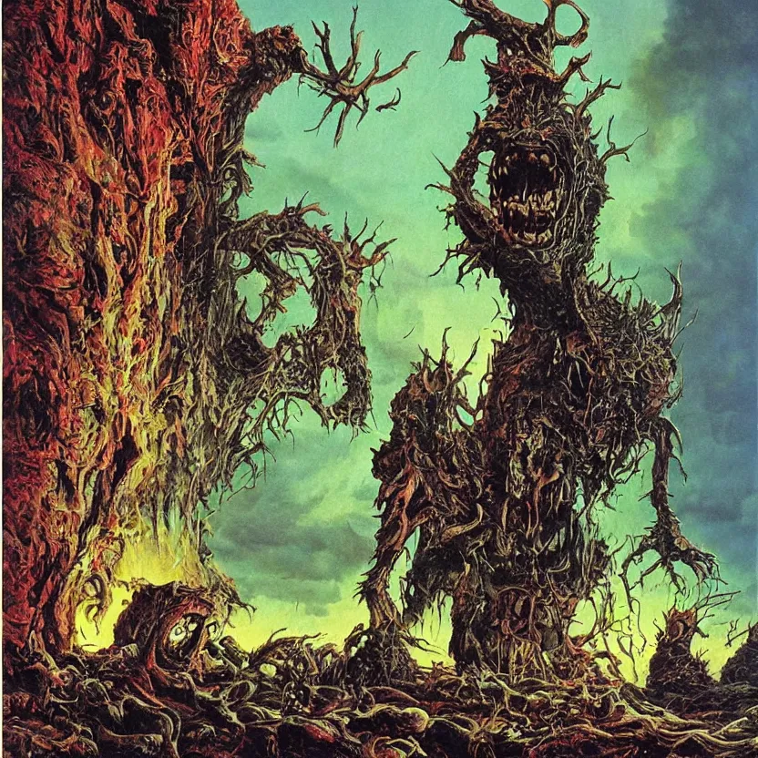 Image similar to a monster coming out of a painting. goosebumps cover art by tim jacobus, bruce pennington, richard corben, and bruce pennington. pulp horror art.