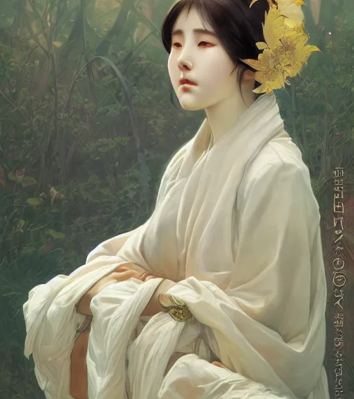 Image similar to IU, Korean Idol, Korean Artist, highly detailed, digital painting, artstation, concept art, smooth, sharp focus, illustration, ArtStation, art by artgerm and greg rutkowski and alphonse mucha and J. C. Leyendecker and Edmund Blair Leighton