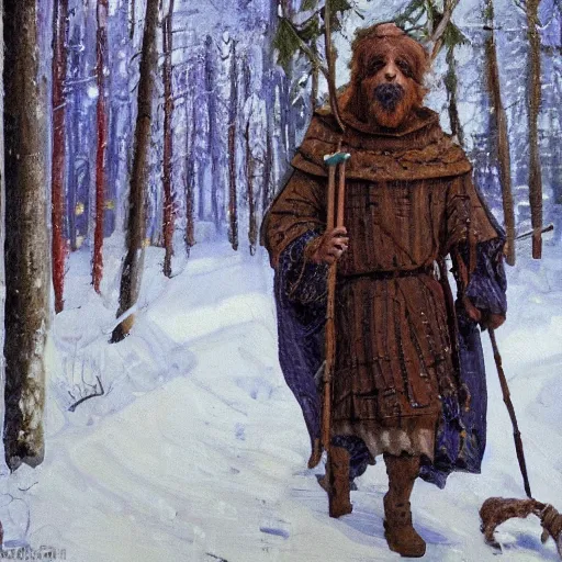 Image similar to Slavic dog head man, woolen torso in medieval clothes, walking in the forest, Orthodox Saint Christopher, oil painting, magic lights, painting by Viktor Vasnetsov, concept art, painting by Valentin Serov, hyperborea, beautiful, high resolution, trending on artstation,