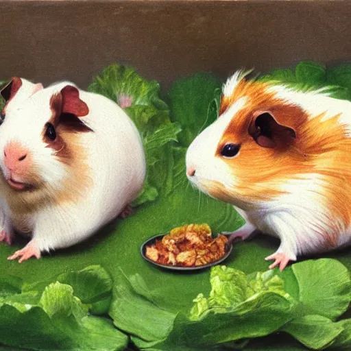 Prompt: two guinea pigs eating lettuce, in the style of anders zorn