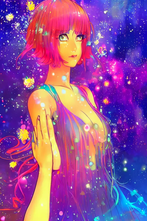 Image similar to psychedelic, whimsical, anime, 4k, beautiful intimate woman with professional makeup, long trippy hair, a crystal and flower dress, bathing in a reflective pond, underneath the stars, rainbow fireflies, trending on patreon, deviantart, twitter, artstation, volumetric lighting, heavy contrast, art style of Ross Tran and Ilya Kuvshinov