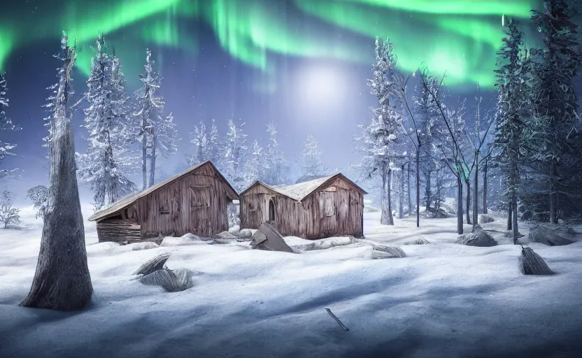 Image similar to A abandoned wooden hut in a winter forest environment concept, northern lights, horror game, artstation