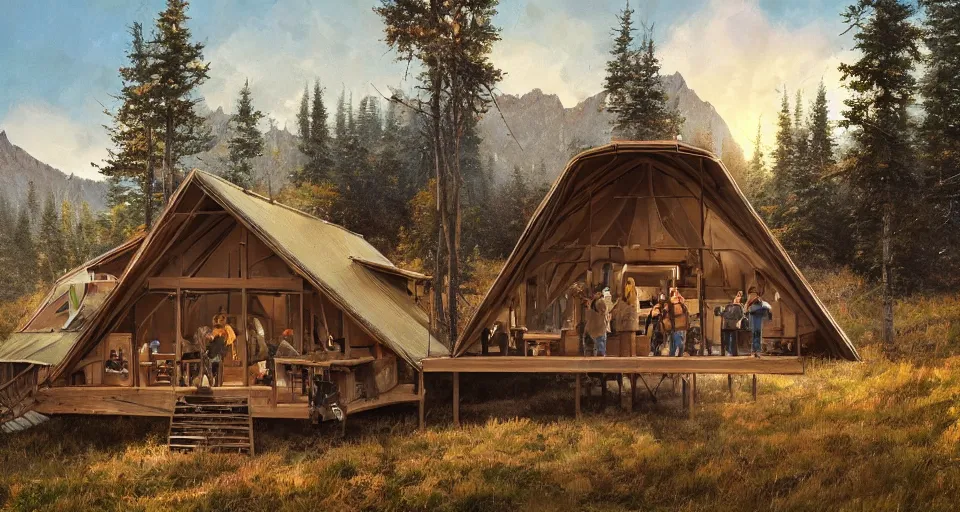 Image similar to cabela's beautiful comfortable modular pop - up insulated all terrain family dwelling, cabin,, person in foreground, mountainous forested wilderness open fields, beautiful views, painterly concept art, joanna gaines, environmental concept art, farmhouse, magnolia, concept art illustration, by james gurney, by craig mullins, by greg rutkowski trending on artstation