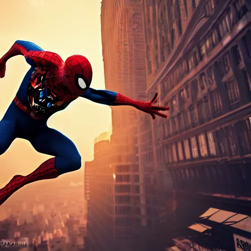 Image similar to a single venom and spider - man hybrid, dslr, cinematic, volumetric lighting, 8 k resolution, photorealistic