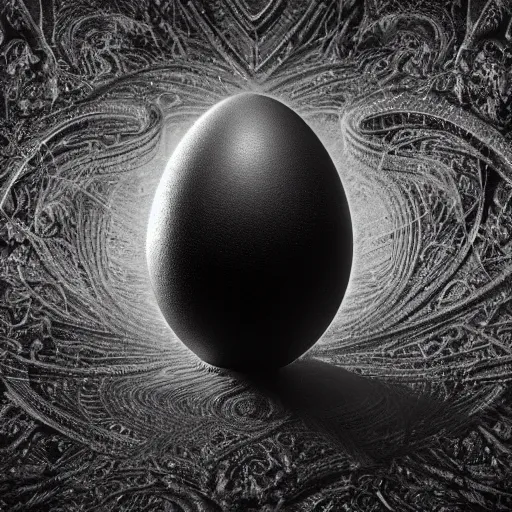 Prompt: a matte painting of an alien egg made of black and white metal and ceramic laced with gold filigree by hr giger and forest rogers and stanley kubrick, centered, uplight, low angle, ultrawide, unreal engine 4 k, high quality, low saturated gold, smooth tones grey, amazing details, hyperreal realistic photo, volumetric fog, photographic exposure, gamma