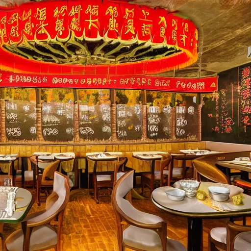 Image similar to a beautiful hyperdetailed 4 k hd wallpaper illustration interior of roasted string hotpot restaurant restaurant yan'an, wall painting, from china, with merchant logo, fine delicate structure, chinese style, victo ngai