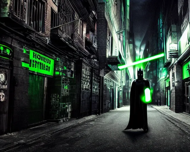 Image similar to a photograph of Batman holding a green lightsaber in a dark city alleyway at nighttime