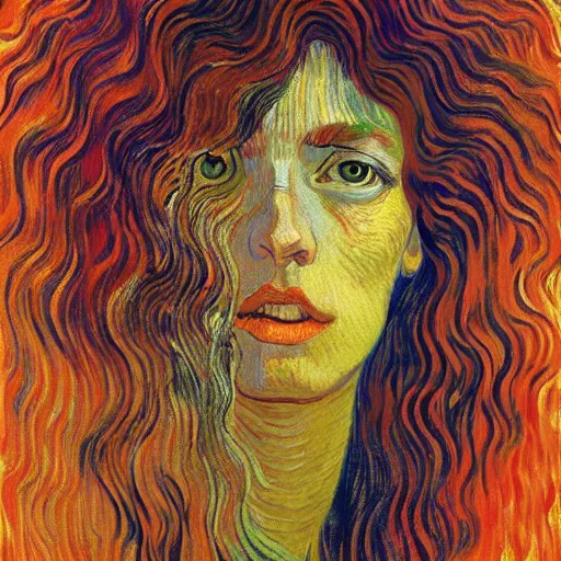 Prompt: perfectly centered portrait, front view of a beautiful biomechanical fractal mushroom goddess, female, flowing hair, intense stare, sweet smile, symmetrical, concept art, intricate detail, volumetric shadows and lighting, psychedelic colors, vibrant, realistic oil painting by vincent van gogh,