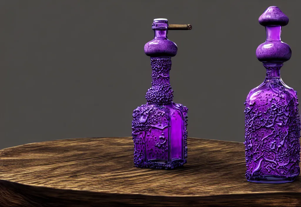 Image similar to hyper realistic and higly detailed deadly poison bottle, purple liquid inside on a design medieval wood table. the bottle is designed like a trendy perfume bottle. background is a laboratory complex architecture mossy stone pilars. professional digital art, dnd style, ultra detailed, trending on artstation, concept art, octane render, unreal engine 5, 8 k rendering.