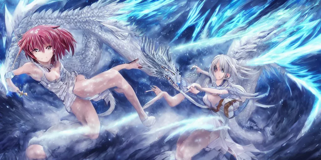 Image similar to fight scene of a beautiful anime girl fighting an ice dragon inside a cave with sword, fantasy, Digital 2D, highly detailed, sharp focus, smooth, cinematic, a close shot, art by Murata