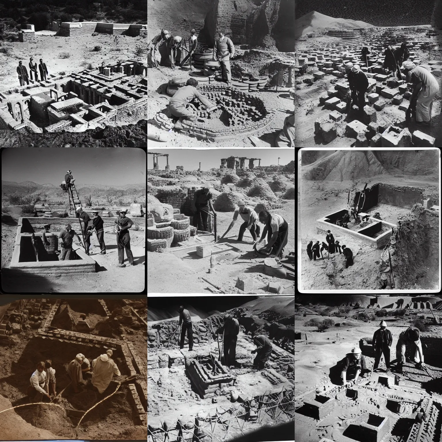 Prompt: vintage film photograph of archaeologists uncovering a desert temple made of ruby glass