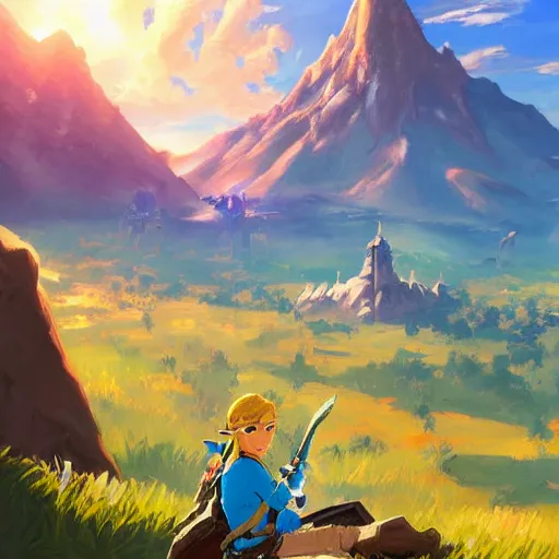 Prompt: oil painting of zelda breath of the wild, mountain in the background. beautiful, rpg, dnd, artgerm, disney, pixar