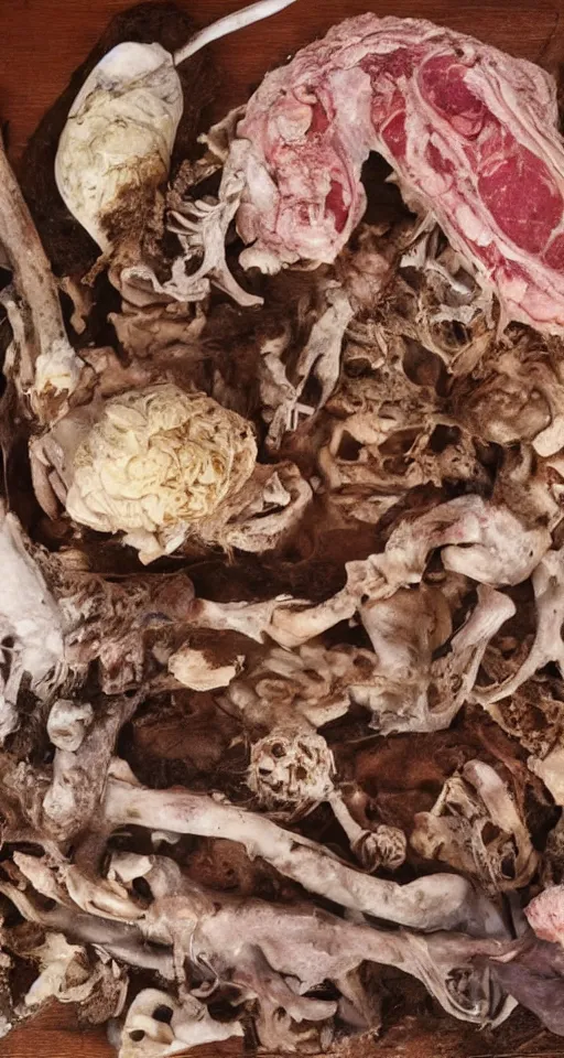 Image similar to Professional arrangement of human flesh, bones, teeth, and rotten meat in a flower vase