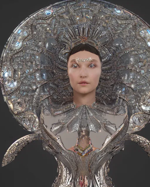 Image similar to a highly detailed metahuman 4 k close up render of a seraphim bella hadid monument renaissance in iris van herpen dress schiaparelli in diamonds crystals swarovski and jewelry iridescent in style of alphonse mucha gustav klimt trending on artstation made in unreal engine 4