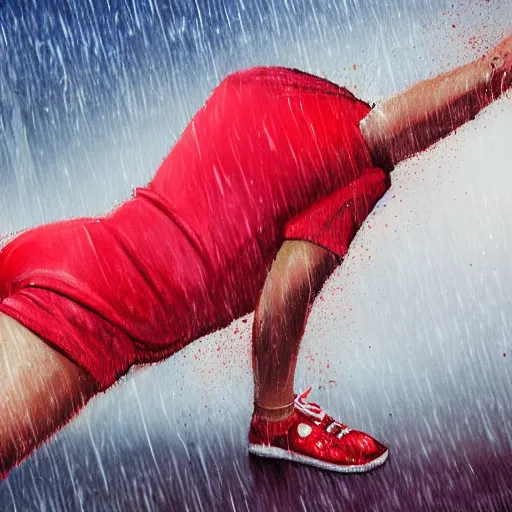 Image similar to banana wearing red shorts dancing in the rain, hyper detailed, photo realistic