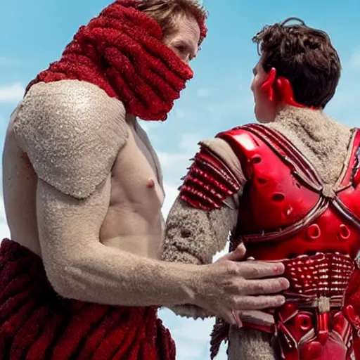 Image similar to a male humanoid giant has skin that looks like red and white hard candy, the giant is wearing a peppermint armor and his back has wings made of mint leaves, the giant has a christmas present in his hand, cinematic dune movie still