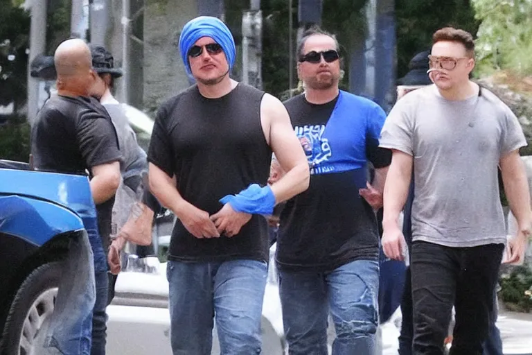 Image similar to elon musk as a dangerous gang member, wearing a blue head covering made from a polyester material and a stained white tank top, paparazzi, leaked footage, uncomfortable, bad quality