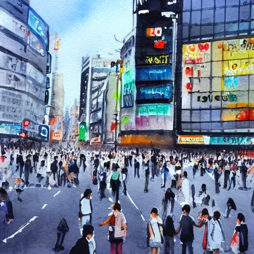 Image similar to shibuya crossing, water color painting