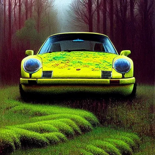 Prompt: hyper realistic painting of an abandoned Porsche 911 Turbo covered with moss, an Australian summer landscape, by Zdzislaw Beksinski