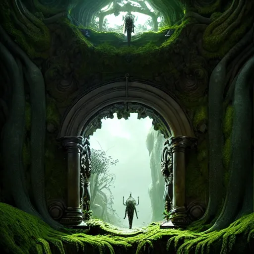 Image similar to doorway to an ancient fallen god, lush trunda vegetation, snow :: by Michal Karcz, Daniel Merriam, Victo Ngai and Guillermo del toro :: ornate, dynamic, particulate, intricate, elegant, highly detailed, centered, artstation, smooth, sharp focus, octane render, 3d