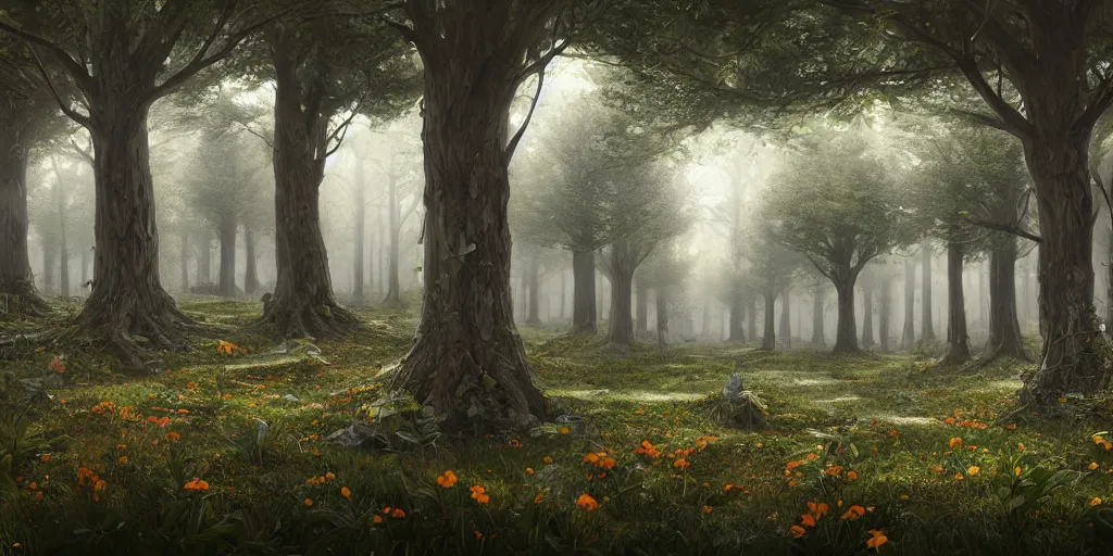 Image similar to A memorial grove of trees of various sizes dedicated to missing people, metal plaques, solemn, somber tone, flowers, game art matte painting hyperdetailed, artstation, cgsociety, 8k, surreal dream landscape