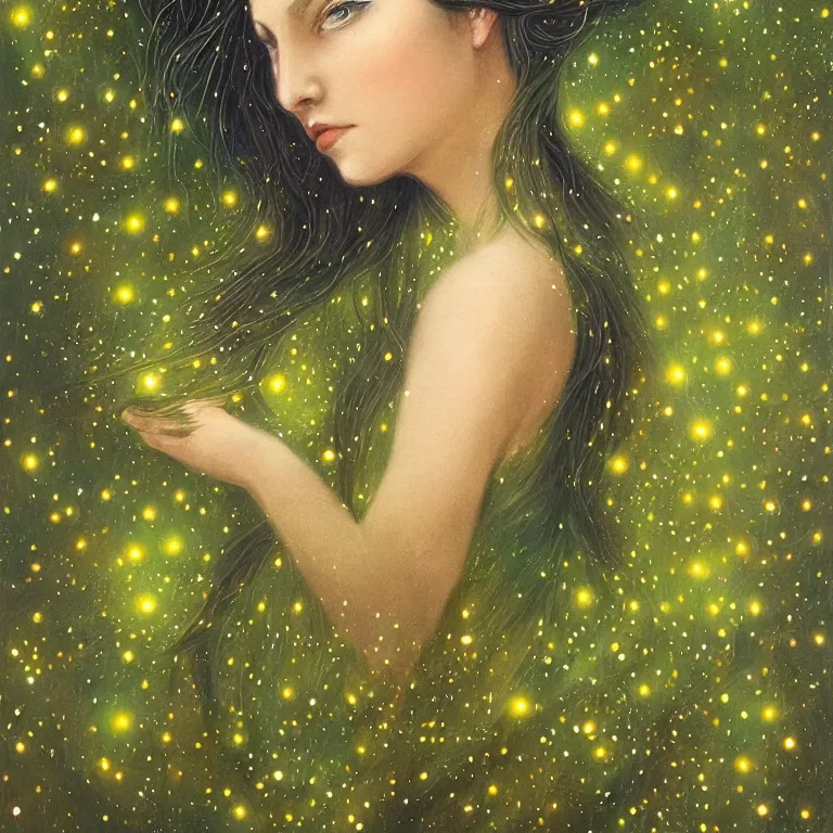 Prompt: beautiful portrait of a woman with fireflies and stars in her hair, blooming green slopes and lianas in the background, highly detailed, fantasy art