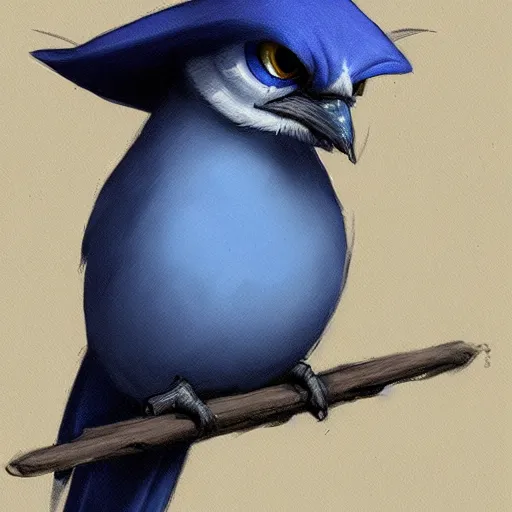 wise old blue jay, tiny, small, short, wizard robe