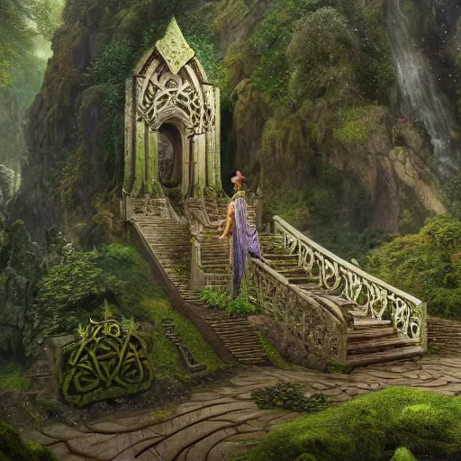 Image similar to a beautiful and highly detailed matte painting of an elven temple in a magical fantasy garden in a lush forest in the mystical mountains, celtic knots, intricate details, epic scale, insanely complex, 8 k, sharp focus, hyperrealism, very realistic, by caspar friedrich, albert bierstadt, james gurney, brian froud,