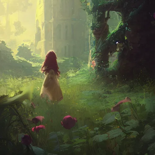 Prompt: a girl encountering a lost overgrown castle in another world. By Sylvain Sarrailh, Repin, and Ruan Jia.