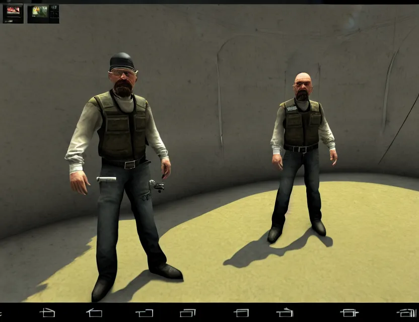 Prompt: CS:GO screenshot of walter white in a circus, HD, trending on tumblr, full screen, zoomed in, HUD included