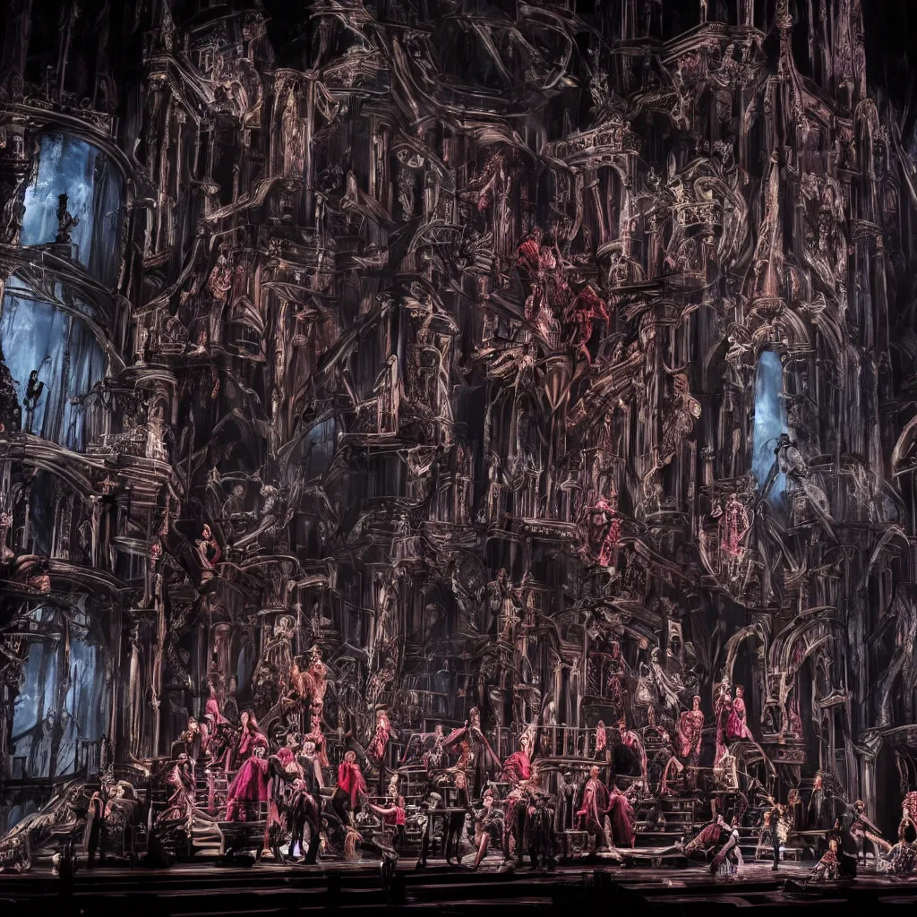 Image similar to photo, a highly - themed dramatic broadway musical set design with huge spectacle, dark and moody futuristic, a dark gothic psychedelic palace
