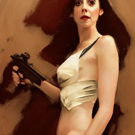 Image similar to alison brie as james bond, intricate, elegant, highly detailed, greg manchess, mucha, liepke, ruan jia, jeffrey catherine jones, ridley scott