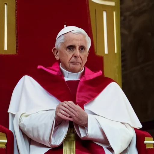 Image similar to pope benedict wearing sith cloak as chancelor palpatine in star wars episode 3, 8 k resolution, cinematic lighting, anatomically correct