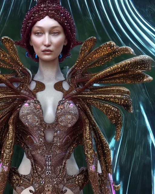 Image similar to a highly detailed metahuman 4 k close up render of an alien goddess nymph bella hadid in iris van herpen dress schiaparelli in diamonds crystals swarovski and jewelry iridescent in style of alphonse mucha gustav klimt trending on artstation made in unreal engine 4