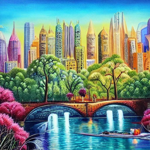 Prompt: Extraordinary beautiful city of the future in harmony with nature. Beautiful detailed painting by Lurid. (2022)