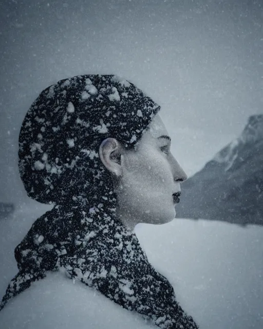 Image similar to a woman's face in profile, made of a snow capped Swiss mountain, in the style of the Dutch masters and Gregory Crewdson, dark and moody