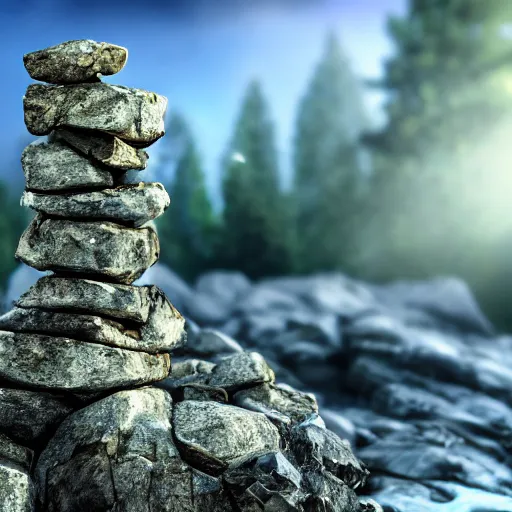 Image similar to a closeup photorealistic photograph of a rock tower with some leaves, in an icy place, fantastic four theme.. bright scene. fine detail. this 4 k hd image is trending on artstation, featured on behance, well - rendered, extra crisp, features intricate detail, epic composition and the style of unreal engine.