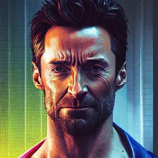 Image similar to hugh jackman portrait, cyberpunk 2 0 7 7, cyberpsycho, photorealistic, ultra detailed, neon, octane rendered, bokeh, cinematic lighting, cyber, cyberpunk city, studio quality, feature, scars, cyberface, 8 k