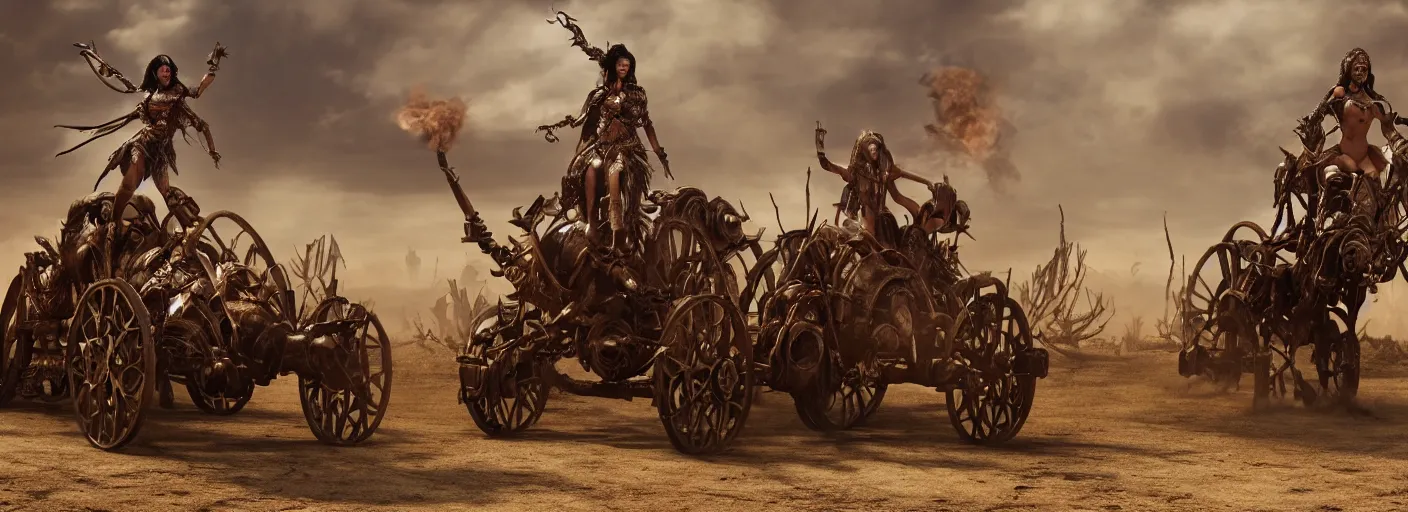 Prompt: movie frame with female warrior standing on steam punk buggy with wood wheels, chase scene, hyperrealism, armor inspired by incas and doom and fashion, symmetrical clean faces, epic, award winning, establishing shot, fit body, blooded, extremely high detail, photorealistic, brutal, octane render, editorial, documentary photography