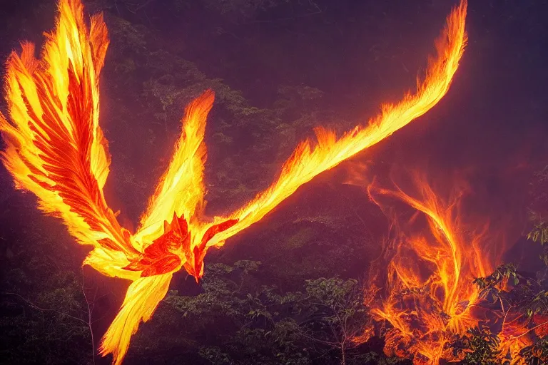 Image similar to photo of a burning phoenix origami fying over the rainforest, award-winning photograph, national geographic, wildlife, 8k UHD, lens flare