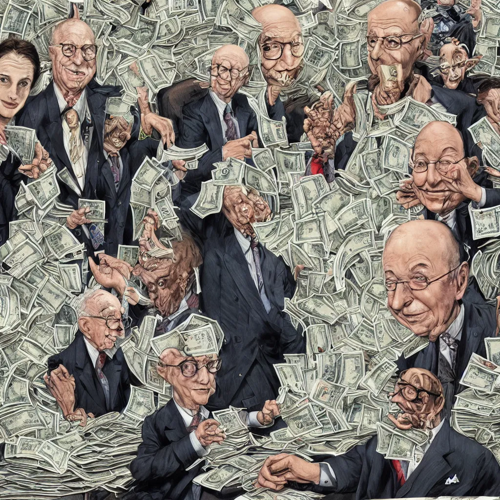 Image similar to Jacob Rothschild and george soros, bill gates and Klaus Schwab by Ralph Steadman, are counting stacks of money around a desk globe illustration, body horror, biopunk, 8k , trending on artstation
