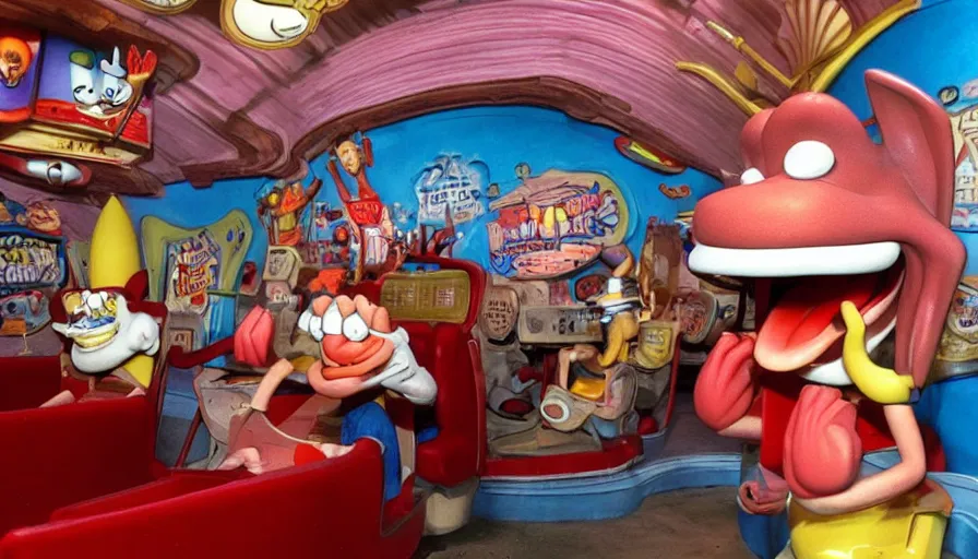 Image similar to 1990s photo of inside the Ren & Stimpy ride at Universal Studios in Orlando, Florida, cinematic, UHD