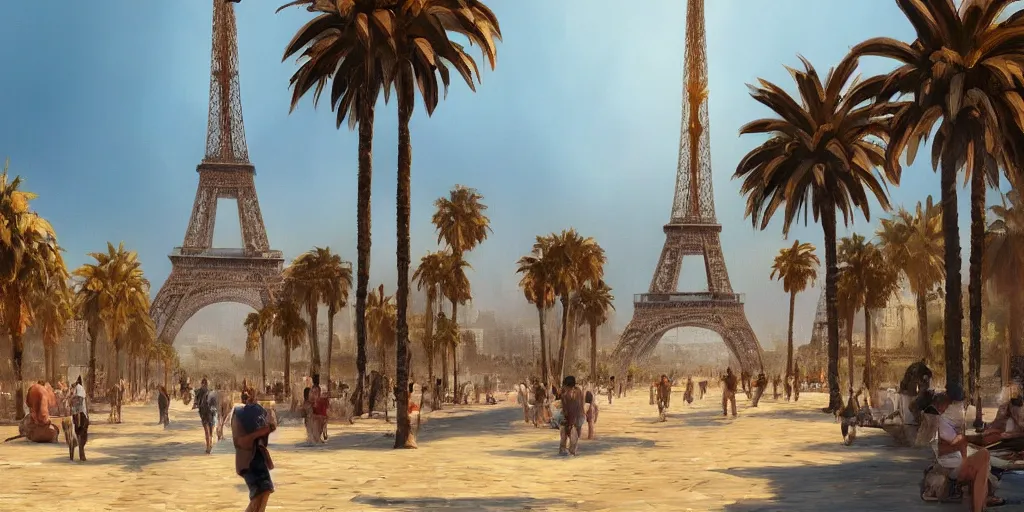 Prompt: beautiful landscape of the wonderful city of paris built in california, amazing sunny weather, eiffel tower next to the beach, palm trees, splendid haussmann architecture, digital painting, highly detailed, intricate, craig mullins, greg rutkwowski, matte painting, trending on artstation